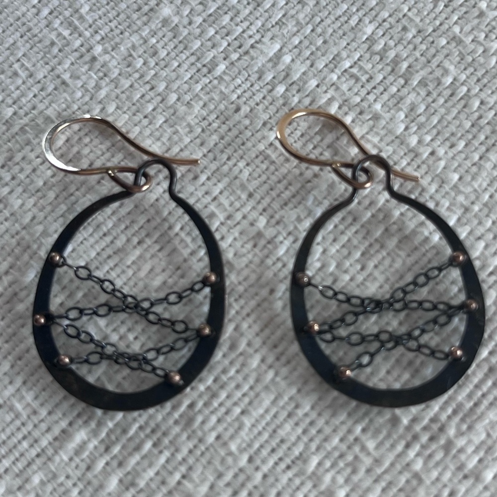 Drop earrings with chain detail; 14K with silver